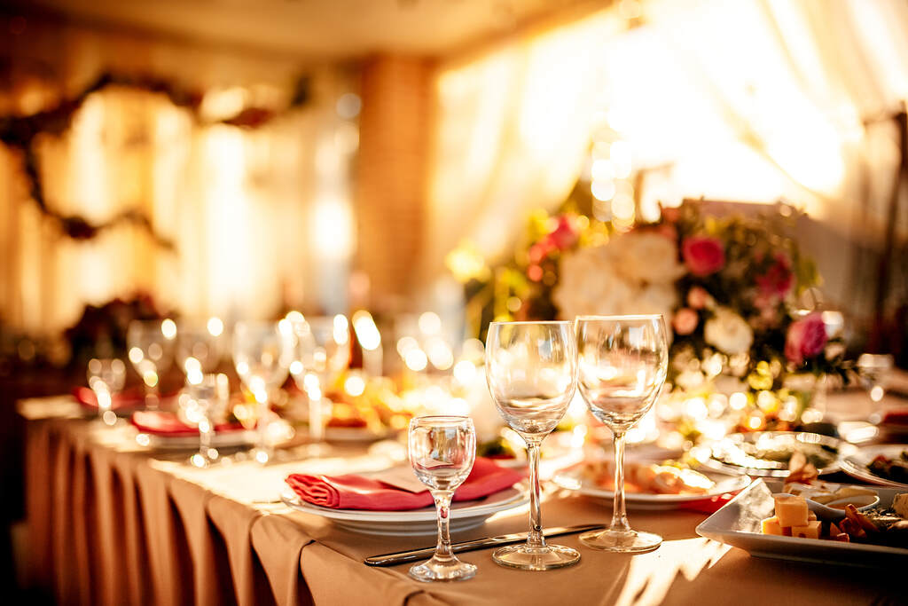 A wedding reception table setup